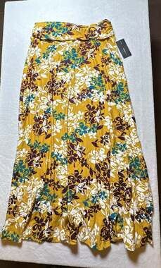 Robert Louis Floral Mustard Yellow Midi Skirt with Ring Detail Size XL